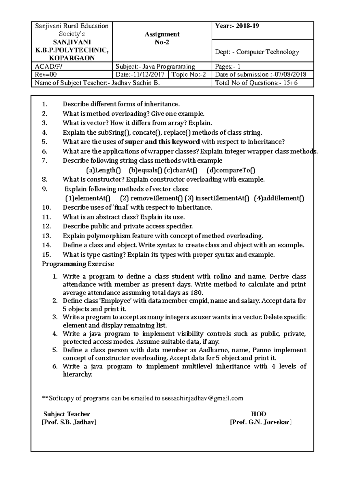 Java programming Assignment-no2-java - Sanjivani Rural Education ...