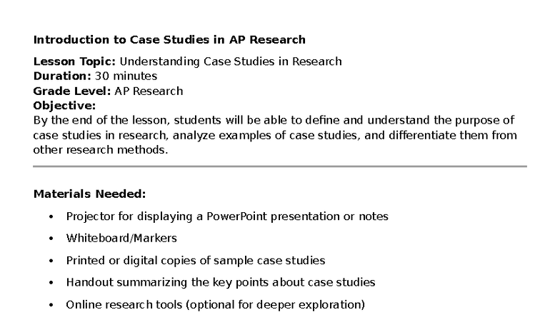 AP Research Lesson: Understanding Case Studies in Research - Studocu
