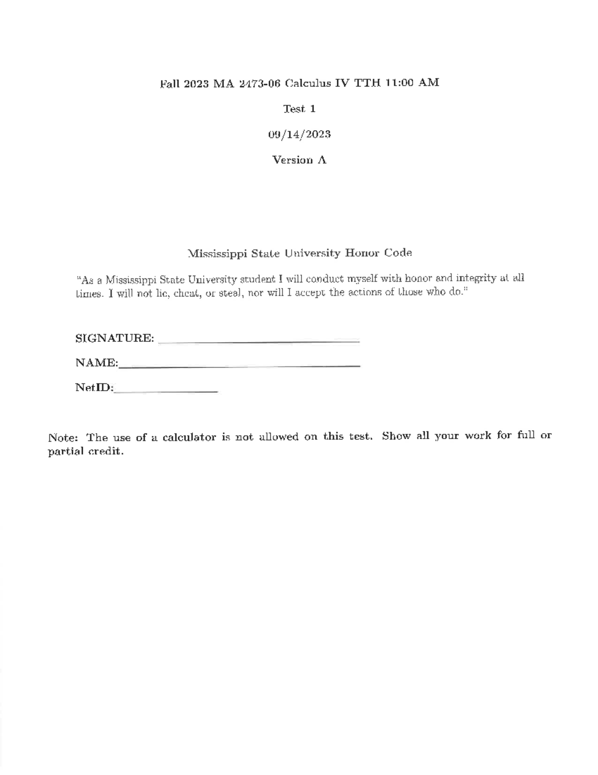 MA 2023 Calculus IV Test 1 - Exam Questions & Solutions - Studocu