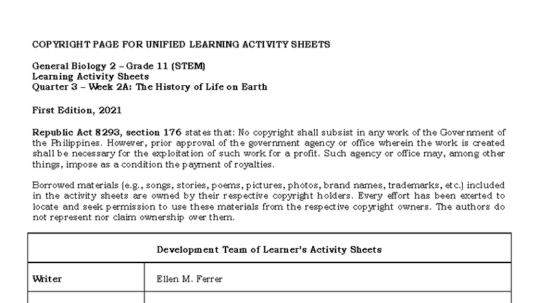 Q3 Gen Bio 2 Week 2A: The History of Life on Earth Activity Sheets ...
