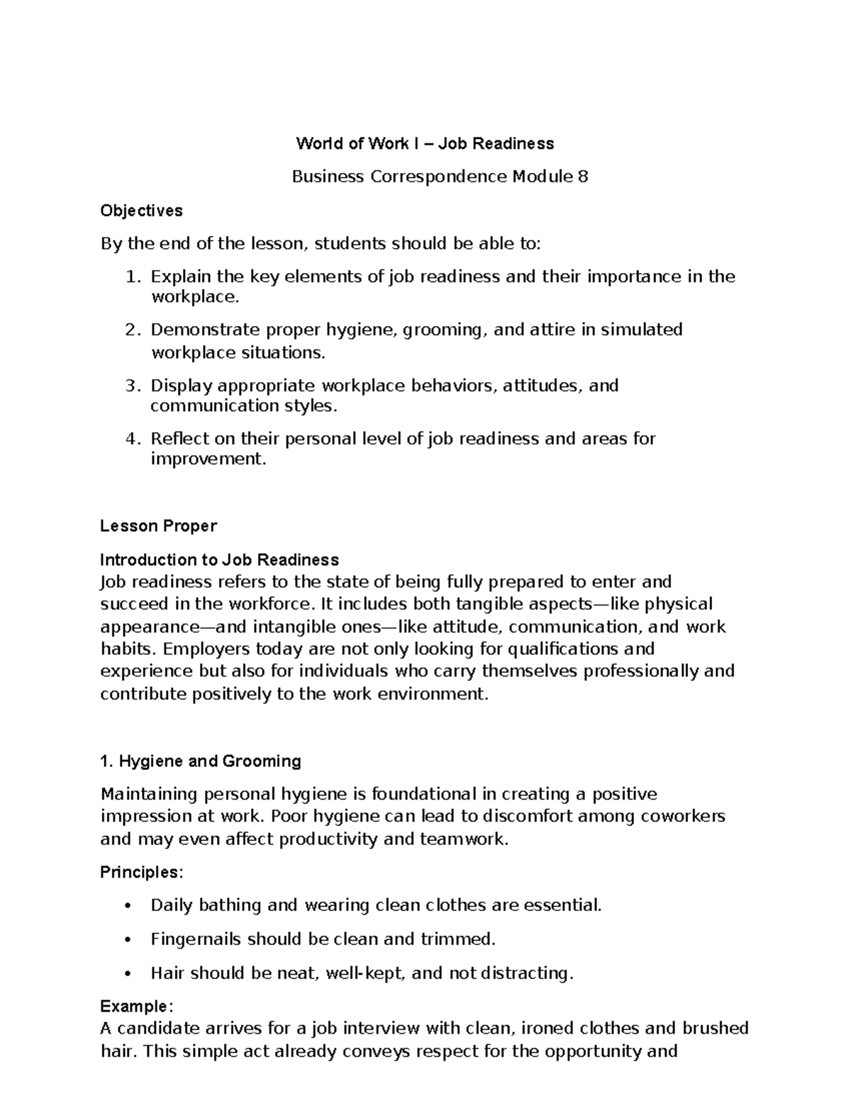BC M10 - Job Readiness & Business Correspondence Lesson Objectives ...