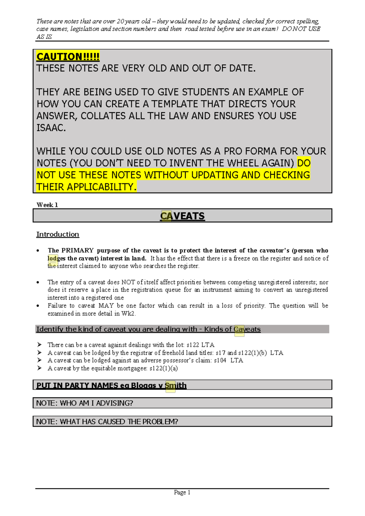 Property Law Weekly 1 Case Template & Caveats – Important Guidelines ...