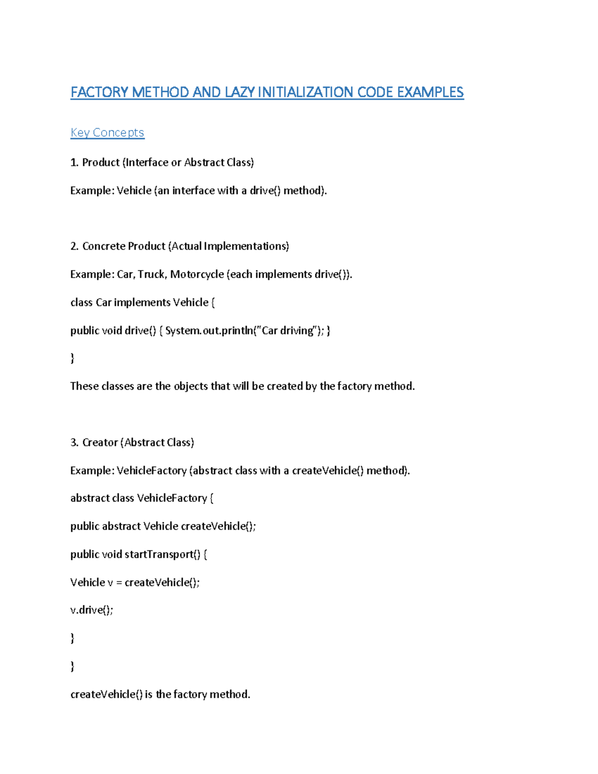 Factory Method & Lazy Init Code Examples for CS101 - Studocu