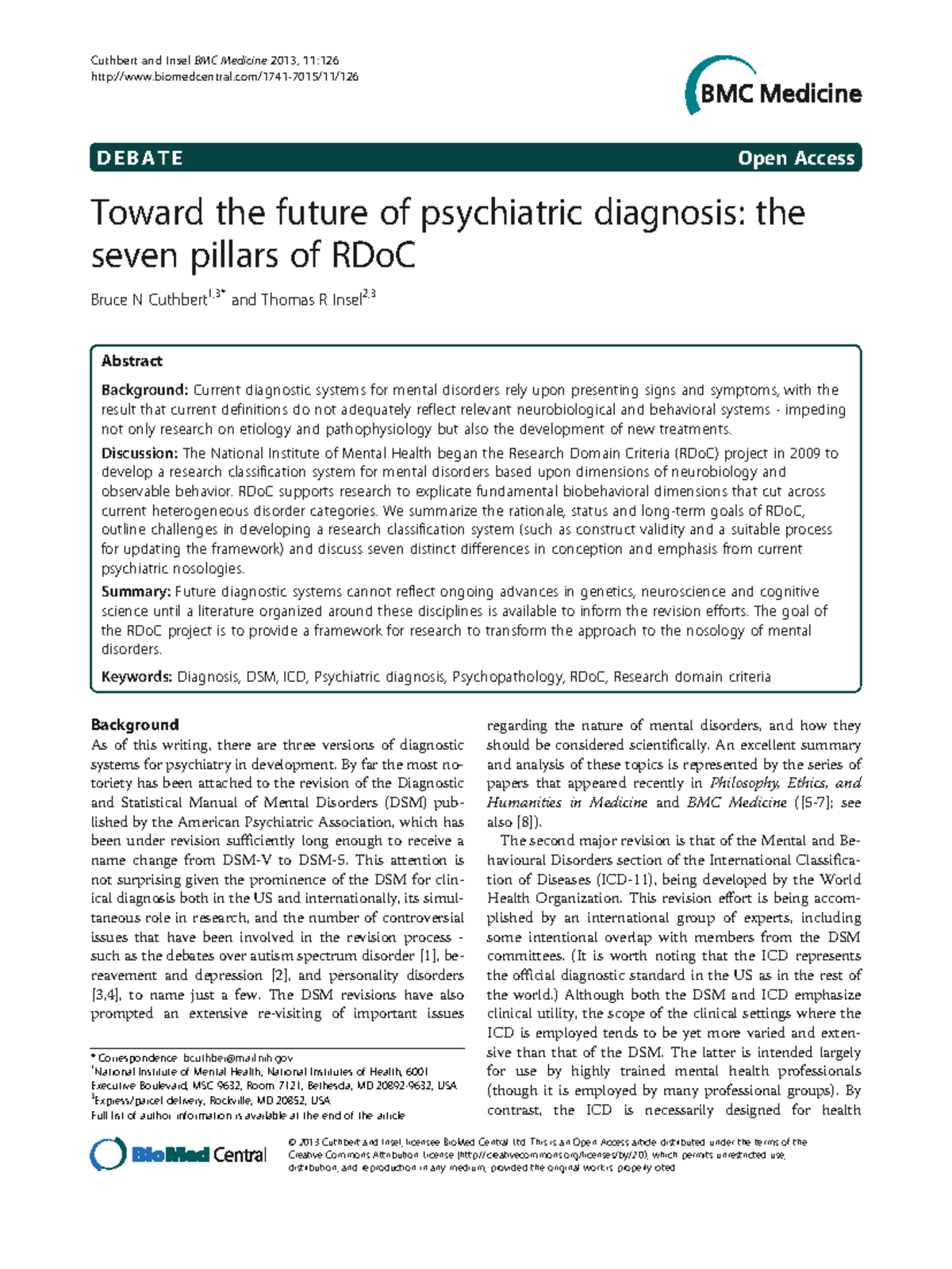 RDoC Framework: Seven Pillars for Future Psychiatric Diagnosis - Studocu