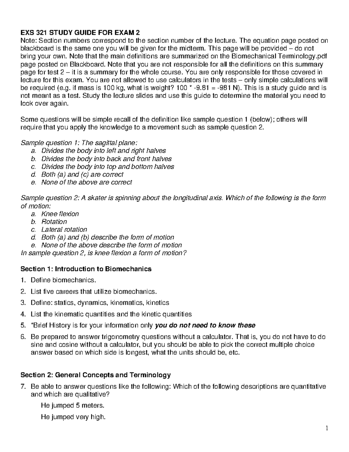EXS 321 Study Guide for Exam 2 - Studocu