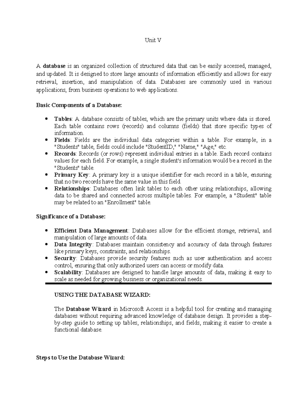 Unit V - Database Fundamentals Notes for COMP 101 - Studocu