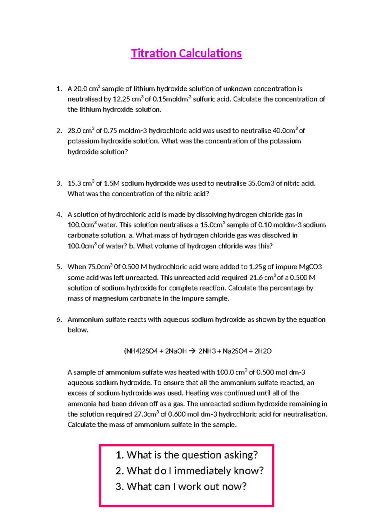 Titration Calculations extra questions - Titration Calculations 1. A 20 ...