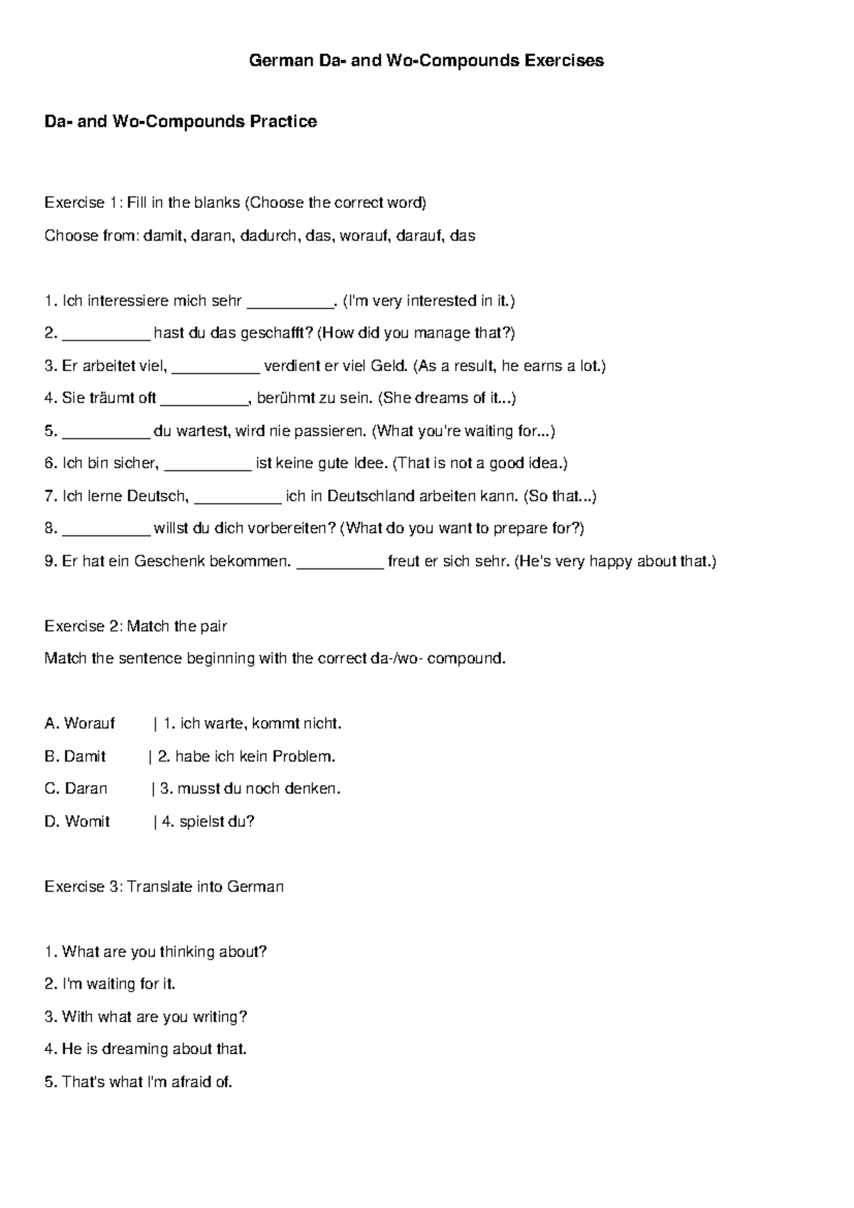 German Da and Wo Compounds Exercises: Fill in the Blanks and Matching ...
