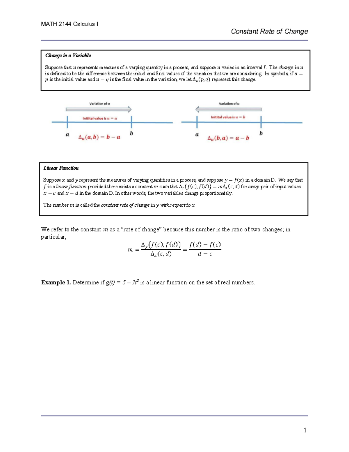 MATH2144 Constant ROC - Calc 1 Notes - MATH 2144 Calculus I Constant ...