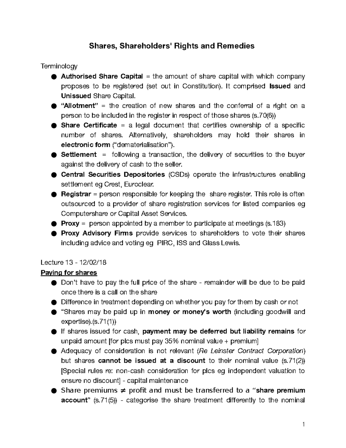 Topic 4 - Shares & Shareholders' Rights: Overview & Remedies (Law 101 ...