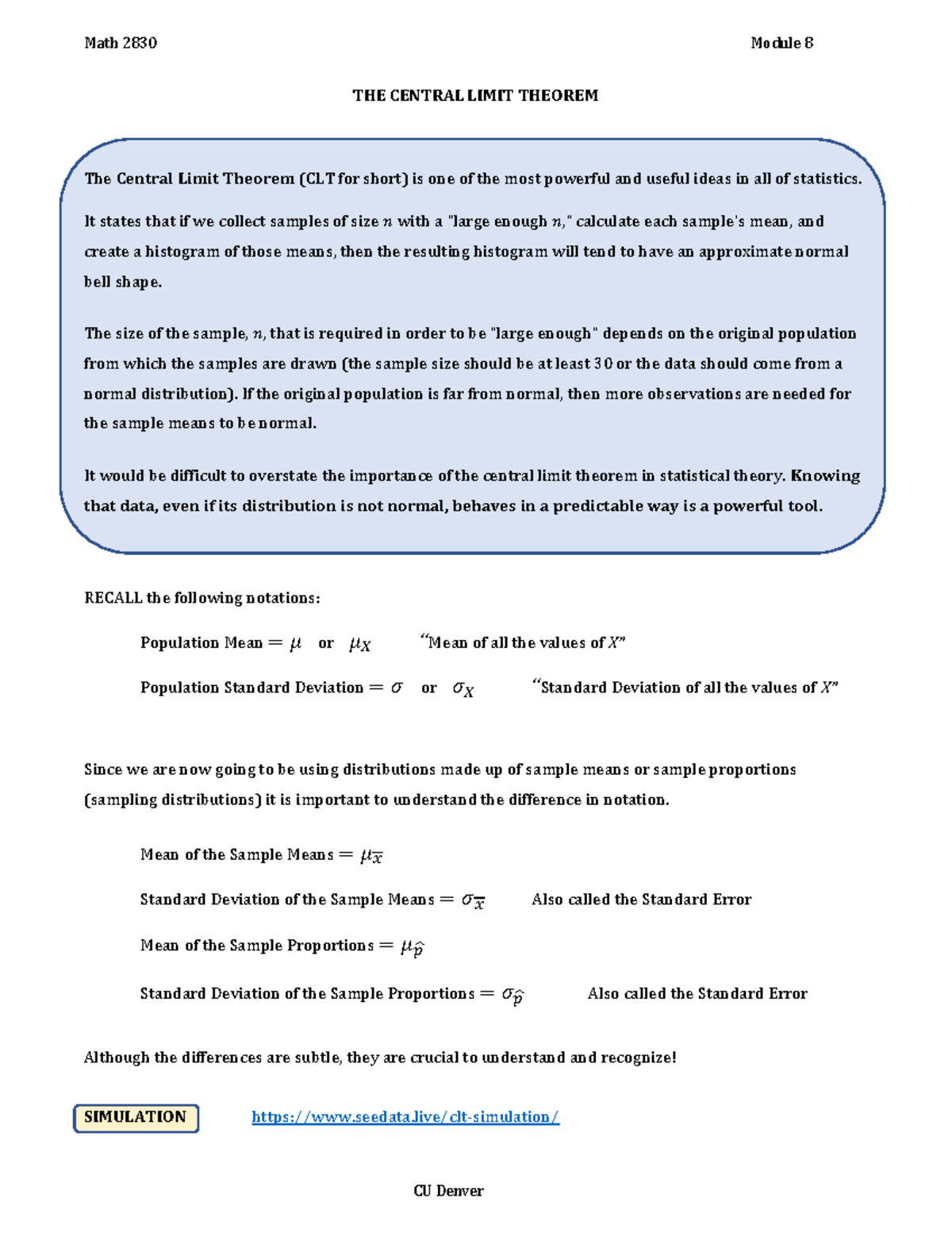 Math 2830 Module 8 Lecture: Understanding the Central Limit Theorem ...