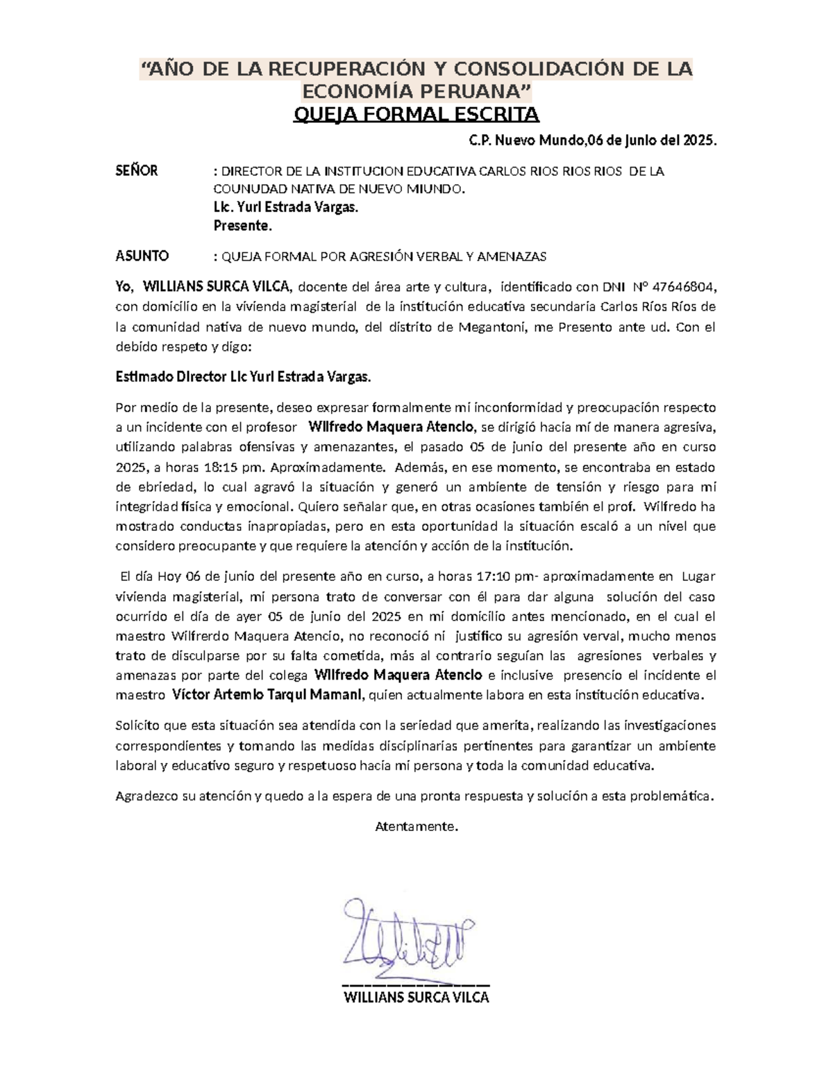 Queja Formal Escrita por Agresión Verbal - C.P. Nuevo Mundo - Studocu