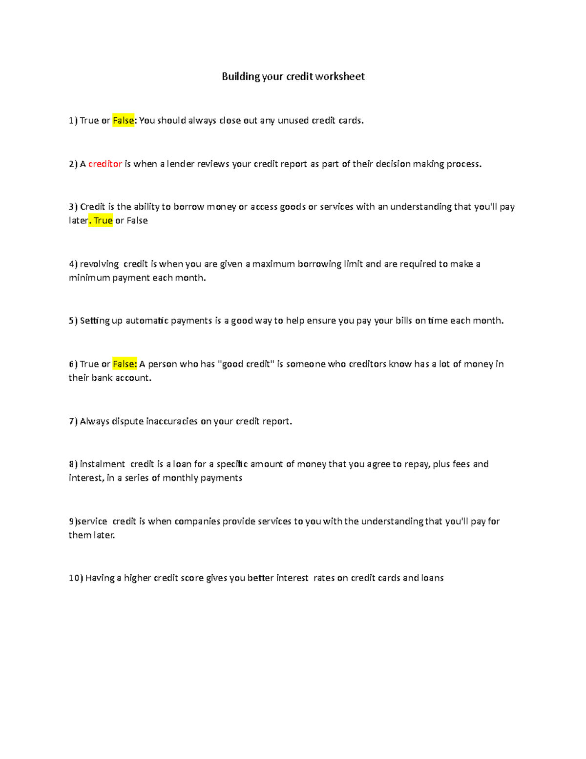 Credit Building Worksheet: Strategies and Insights - Studocu