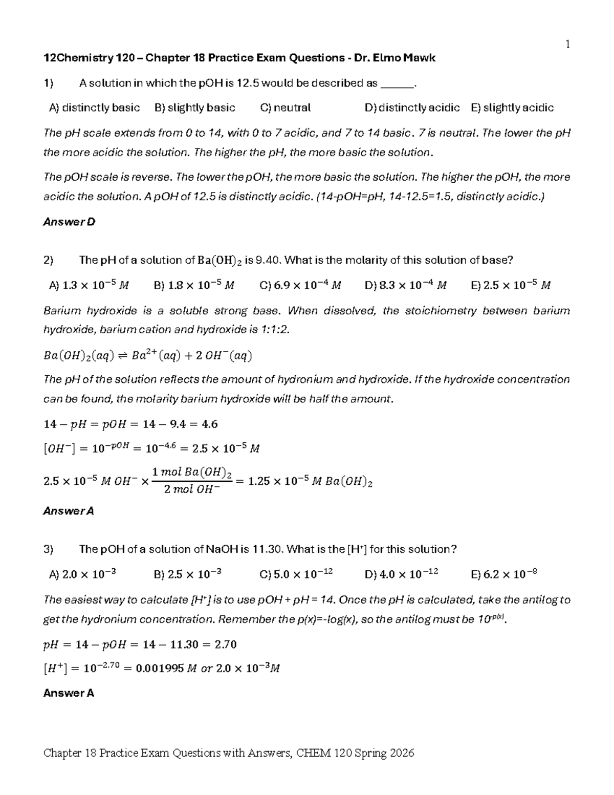 CHEM 120 Chapter 18 Practice Exam Questions - Studocu