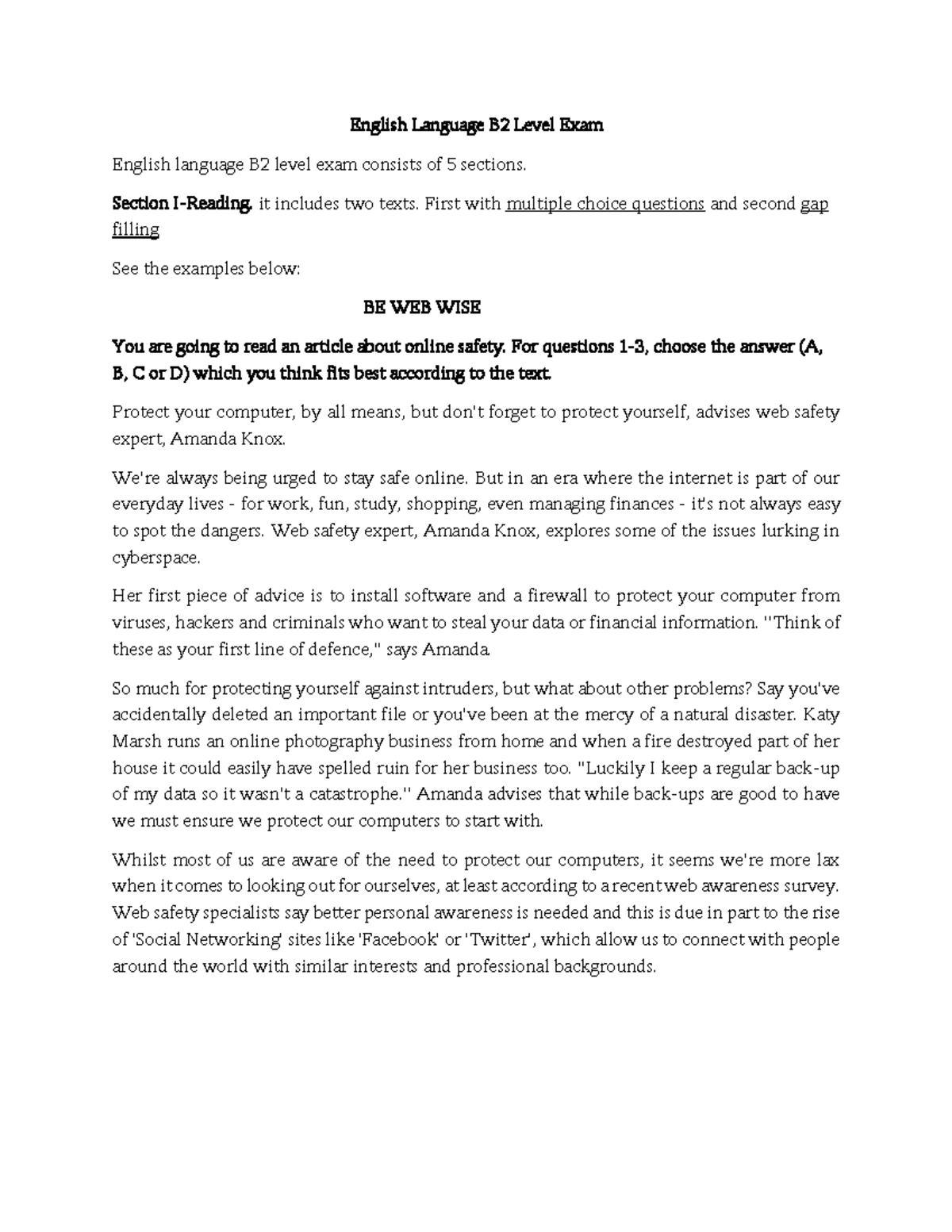 English language B2 level exam - Section I-Reading. it includes two ...