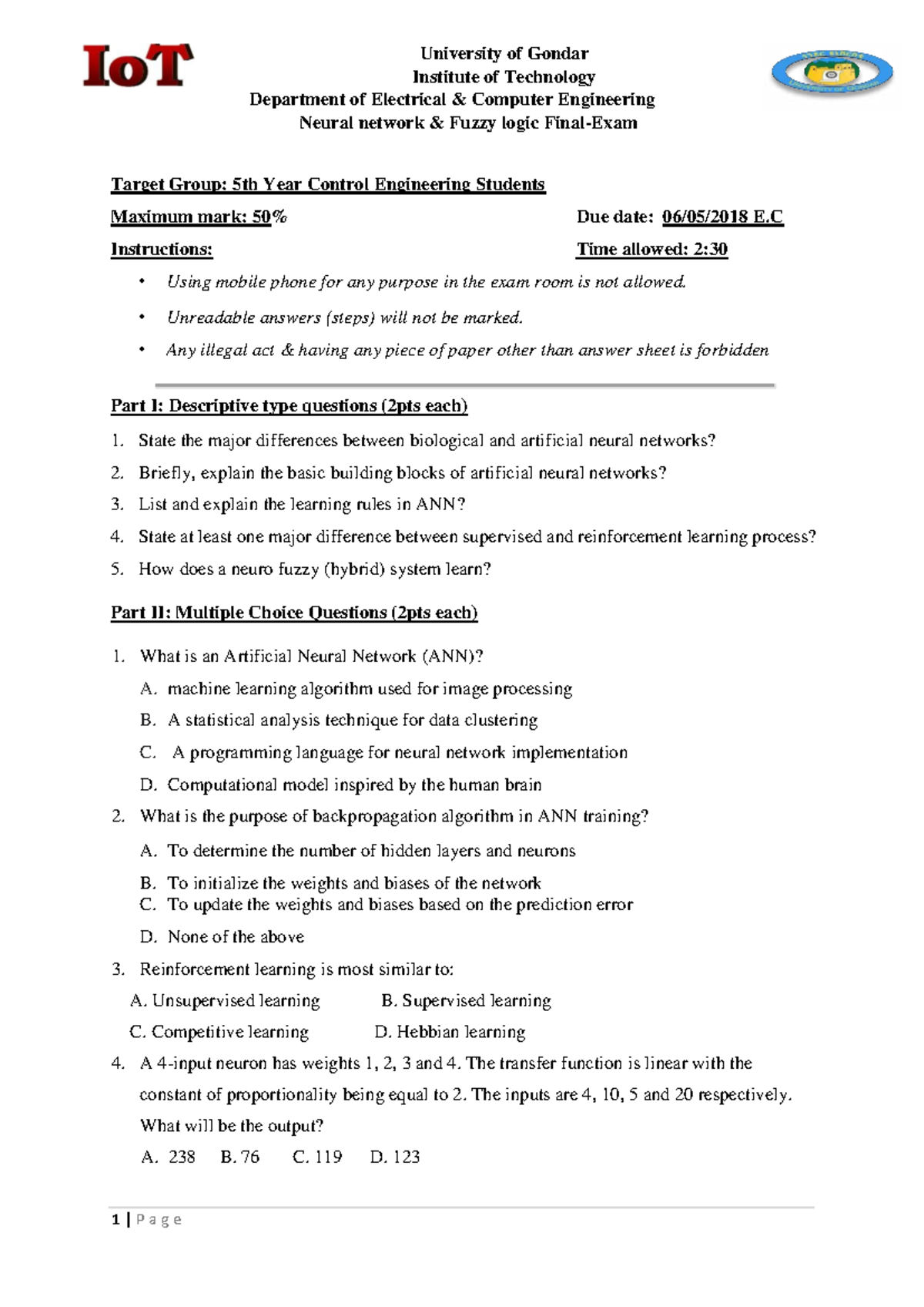 E.C. Neural Networks & Fuzzy Logic Study Guide for 5th Year Control Eng ...