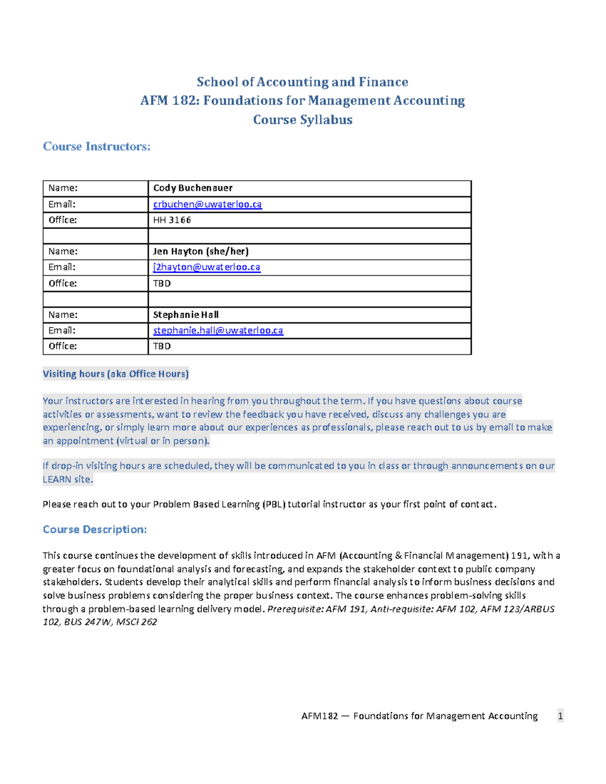 AFM 182 Course Syllabus: Foundations for Management Accounting - Studocu