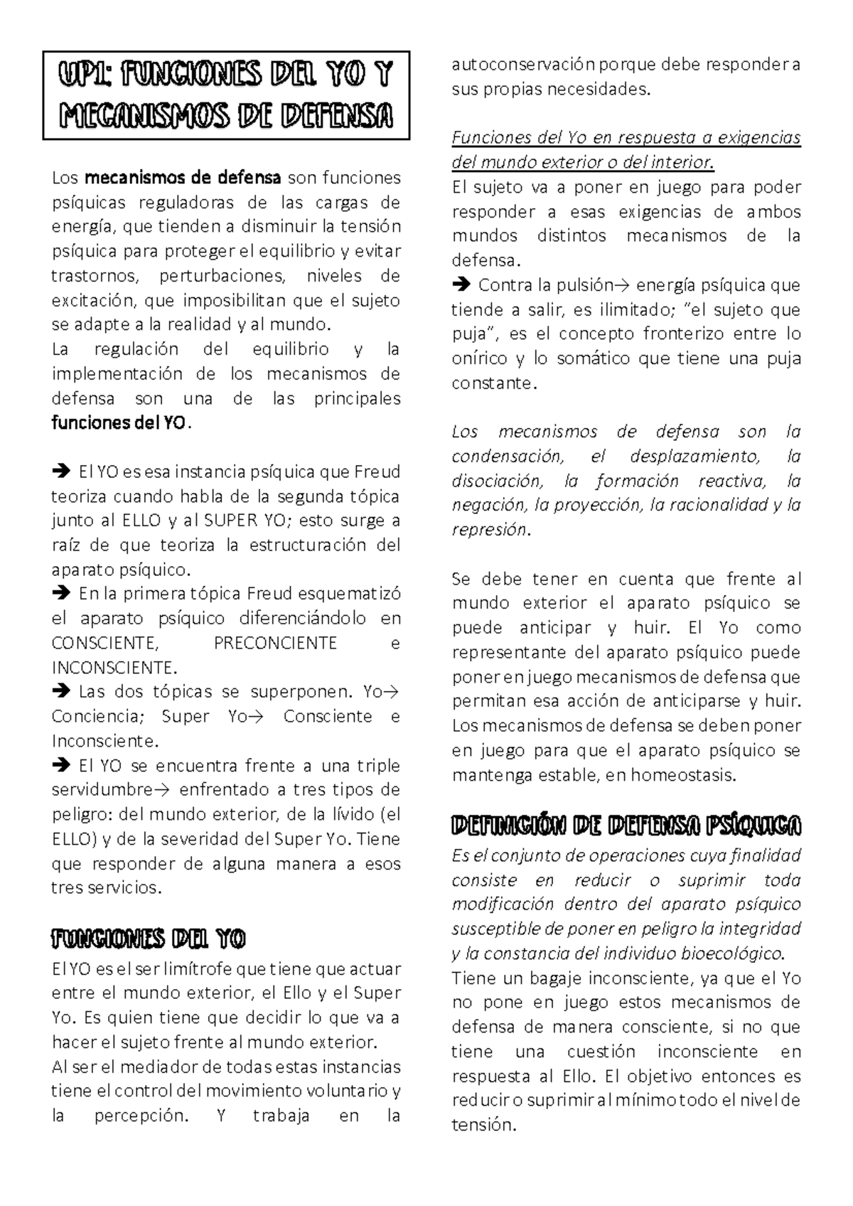 UP1: Mecanismos de Defensa y Funciones del Yo en Psicoanálisis - Studocu