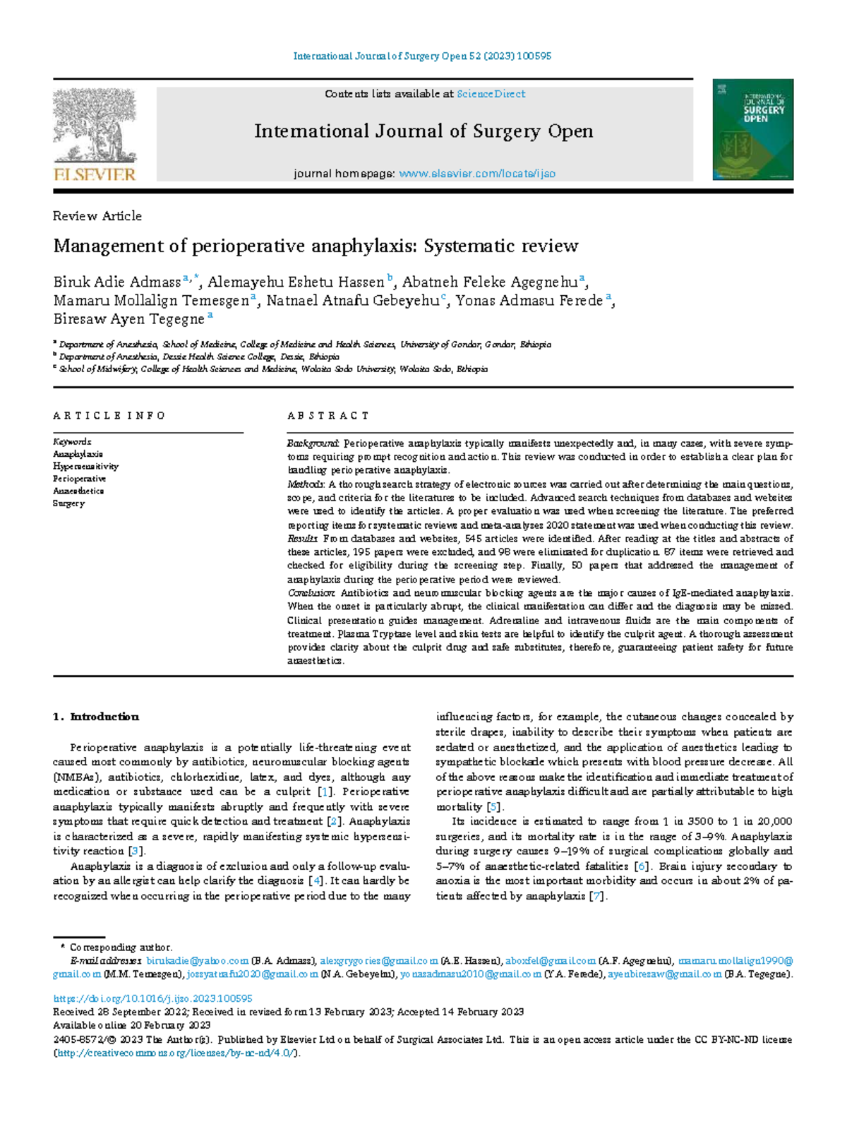 Management of Perioperative Anaphylaxis: A Systematic Review - Studocu
