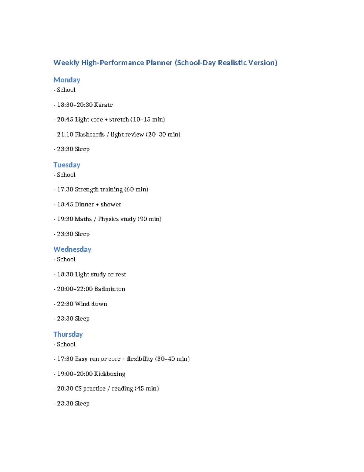 Weekly High Performance Planner: Realistic Schedule - Studocu