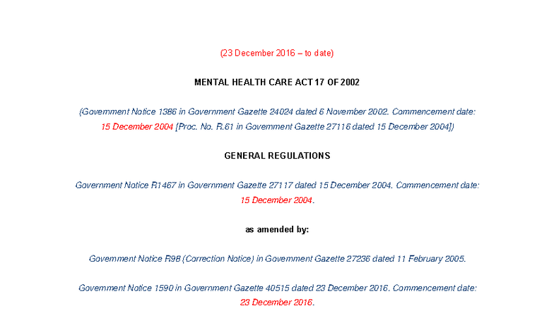 Mental Health Care Act 17 of 2002: General Regulations (Notice 1467 ...