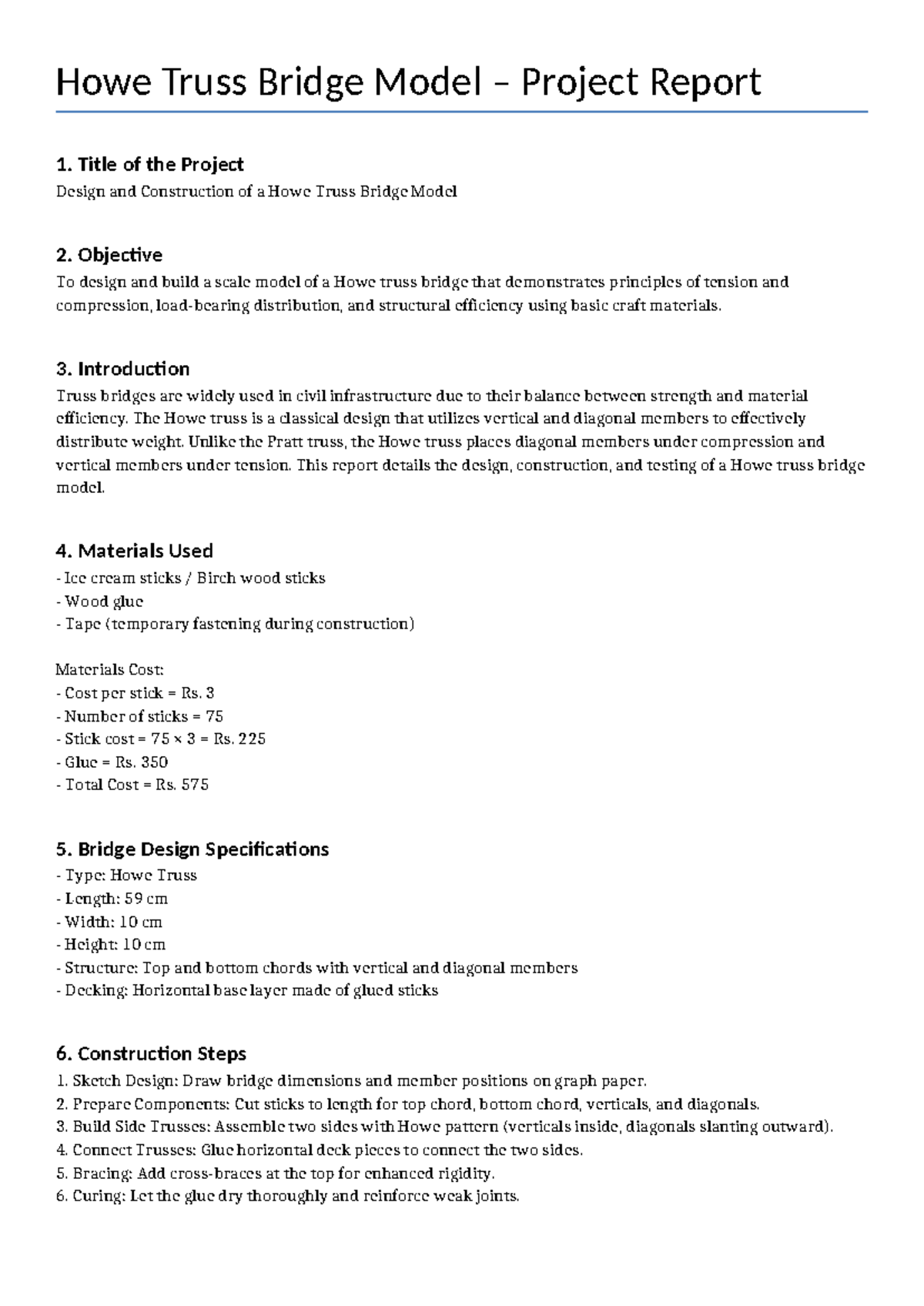 Howe Truss Bridge Model Project Report (ENGR 101) - Studocu
