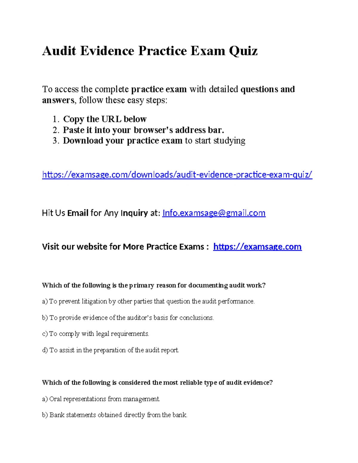 Auditing and Data Analytics Core Practice Exam Quiz - Auditing and Data ...