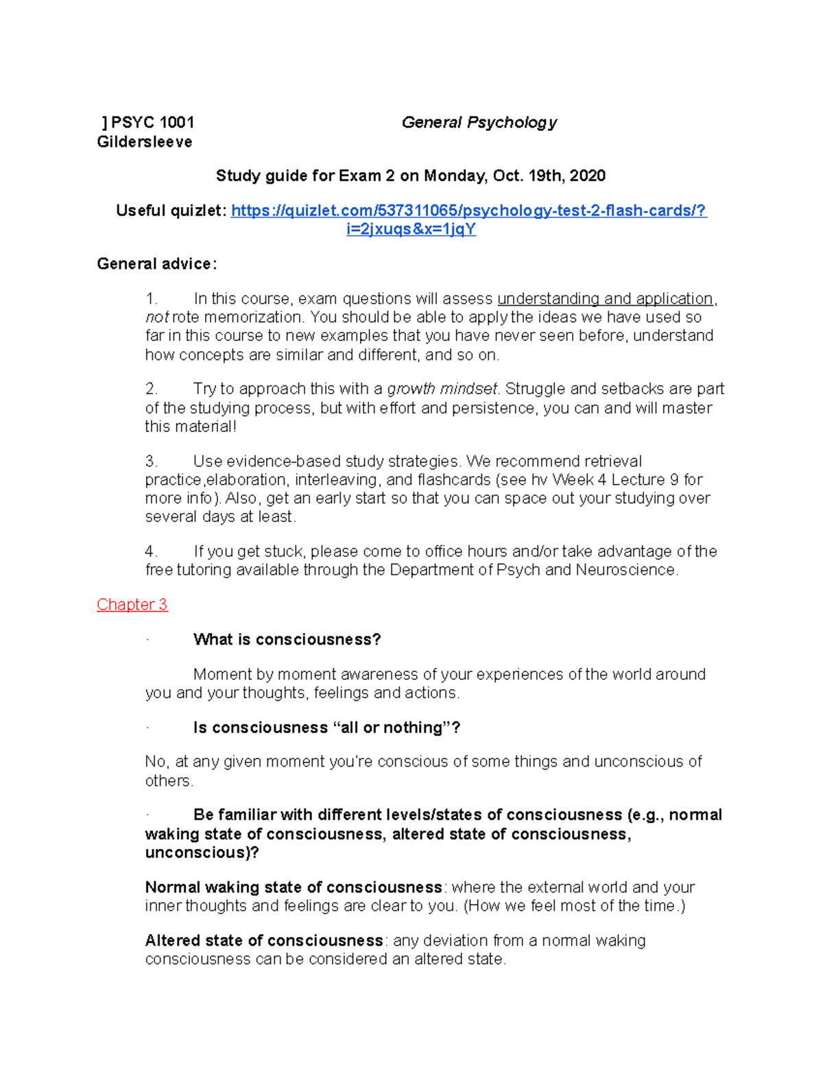 PSYC 1001 General Psychology - Study Guide for Exam 2 - Studocu
