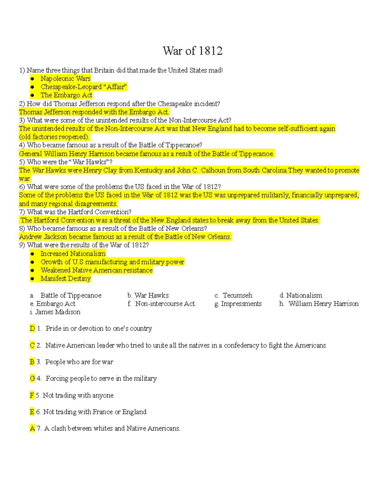 War of 1812 - Key Notes and Concepts for Study - Studocu