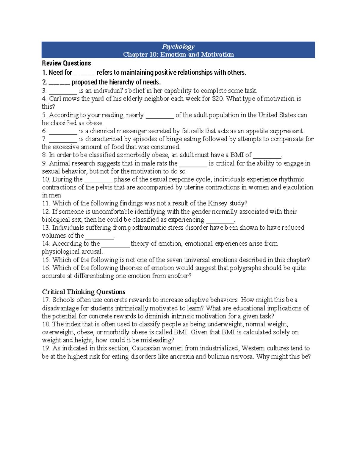 Psychology 101 - Chapter 15: Psychological Disorders Review Questions ...