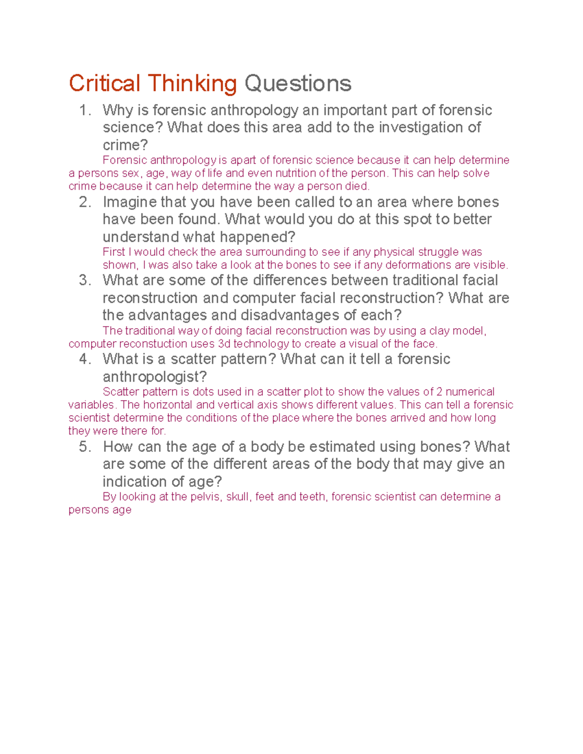 Unit 6 Critical Thinking in Forensic Anthropology: Key Questions and ...