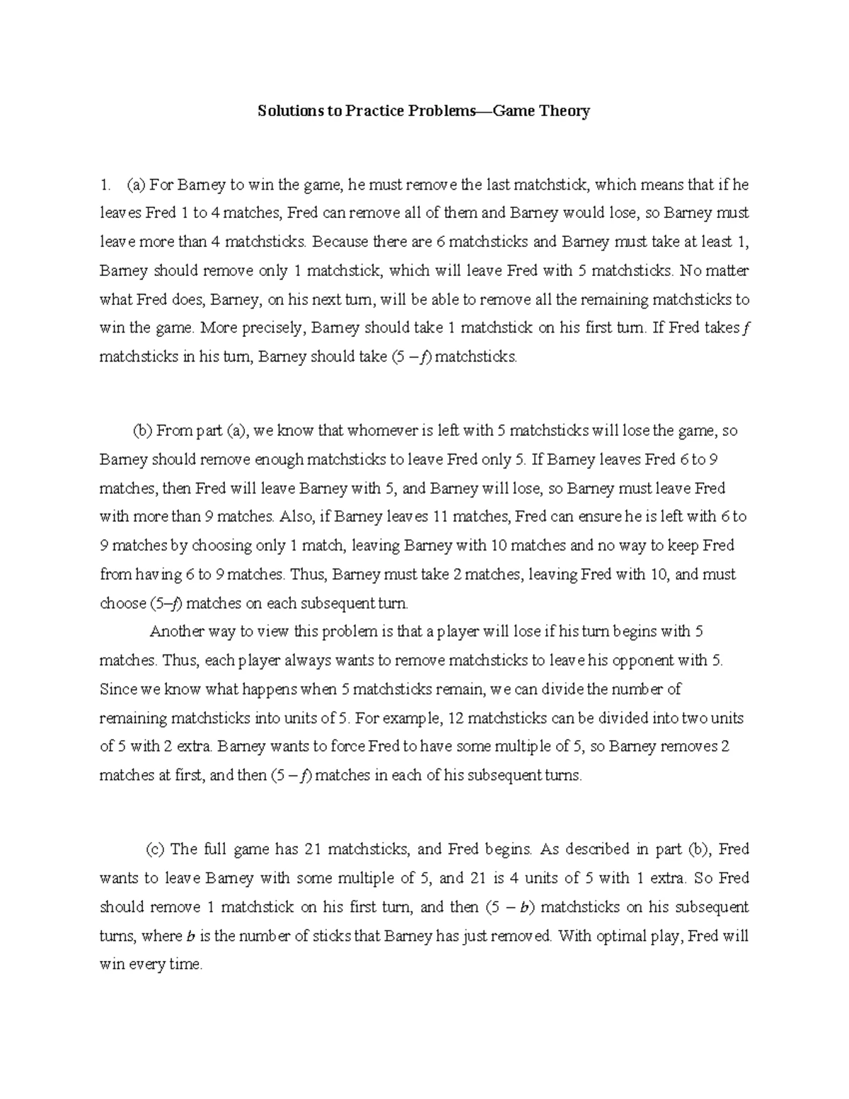 Practice Problems: Game Theory (Final Exam) - Dynamic & Static Games ...