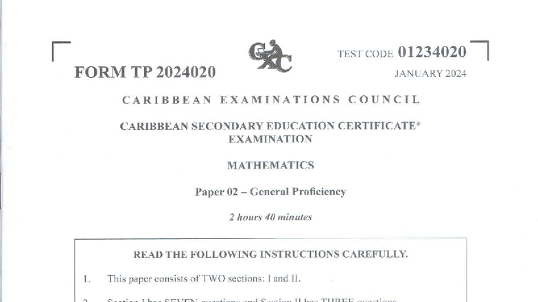 Mathematics Paper 02 General Proficiency - CSEC 01234020 January 2024 ...