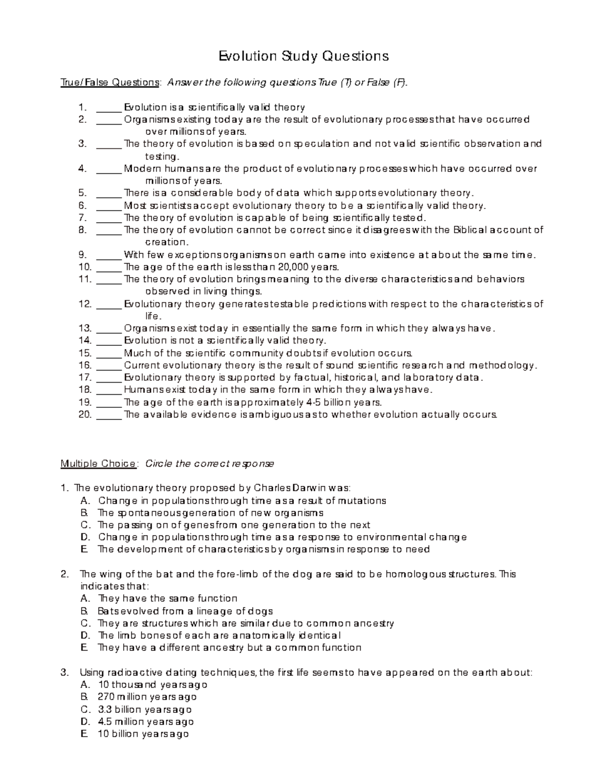 Evolution Study Questions - True/False & Multiple Choice Analysis - Studocu
