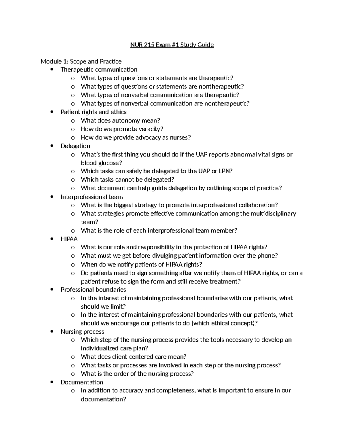 NUR 215 Exam 1 Comprehensive Study Guide and Key Concepts - Studocu