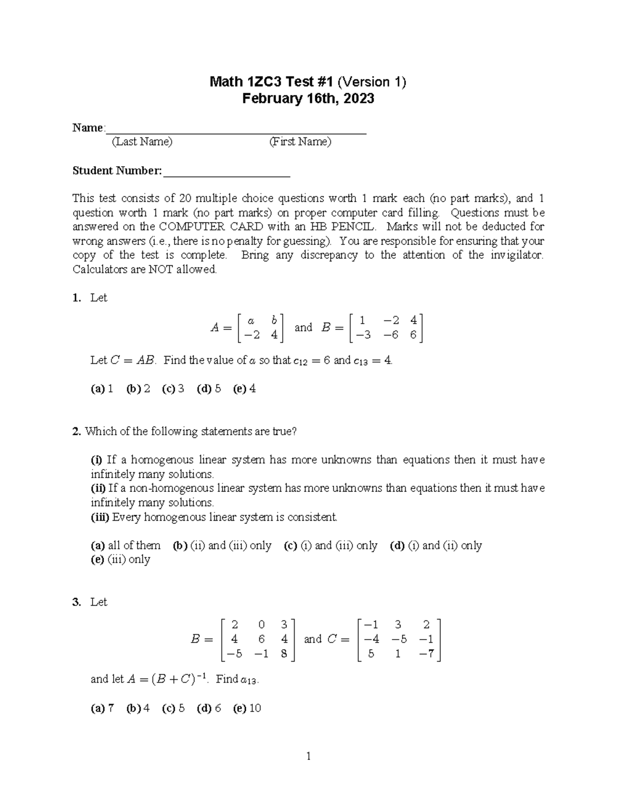 2023 Midterm 1 - practice - Math 1ZC3 Test #1 (Version 1) February 16th ...