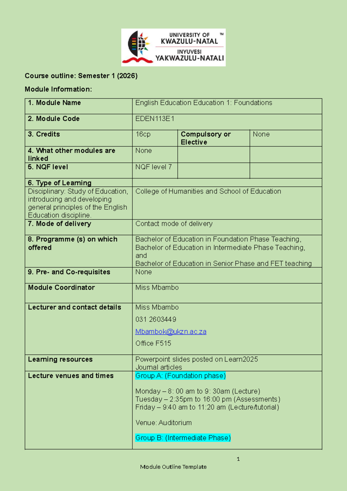 EDEN113E1: English Education Module Outline for Semester 1 (2026) - Studocu