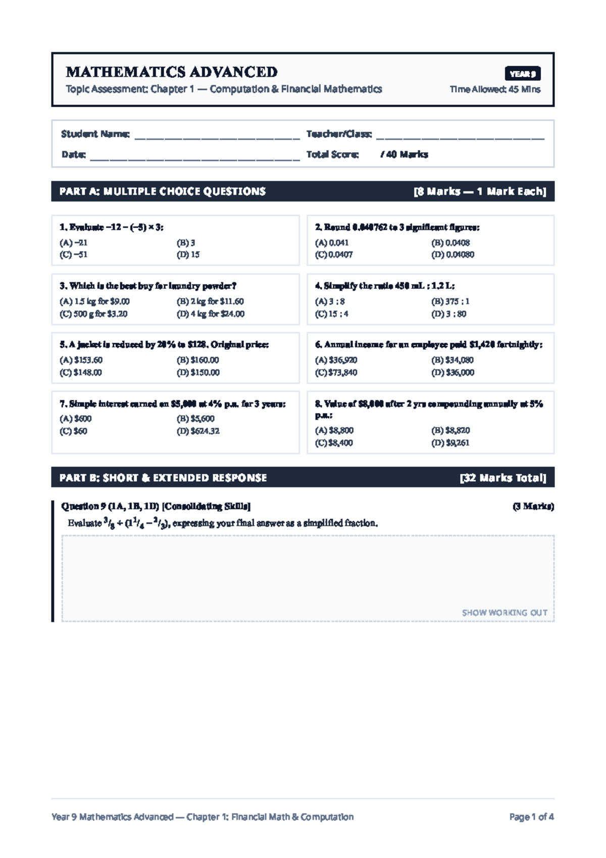 Year 9 Mathematics Advanced - Financial Mathematics Computation Exam ...