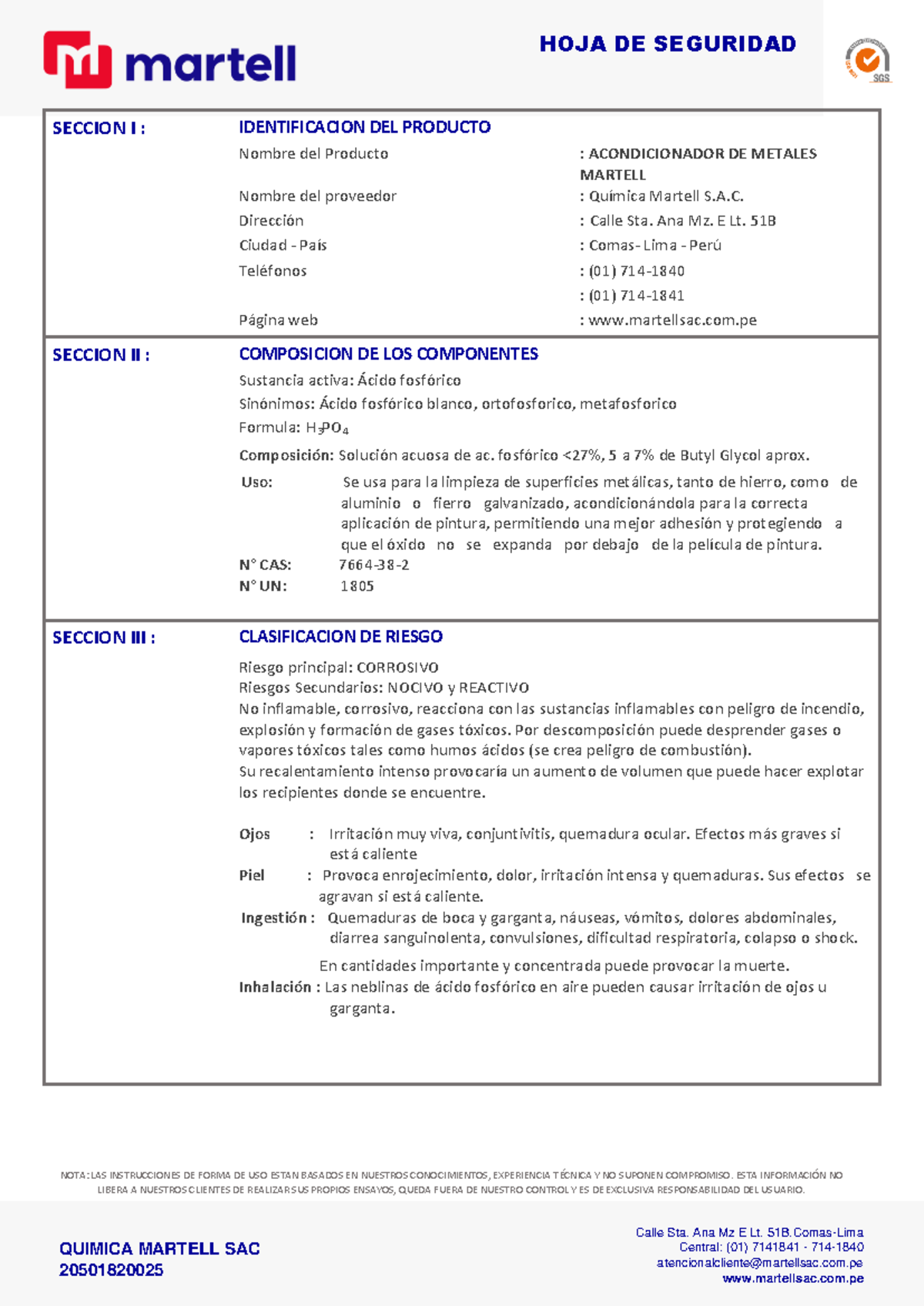 HS - Acondicionador de Metales: Ficha de Seguridad y Uso - Document Preview