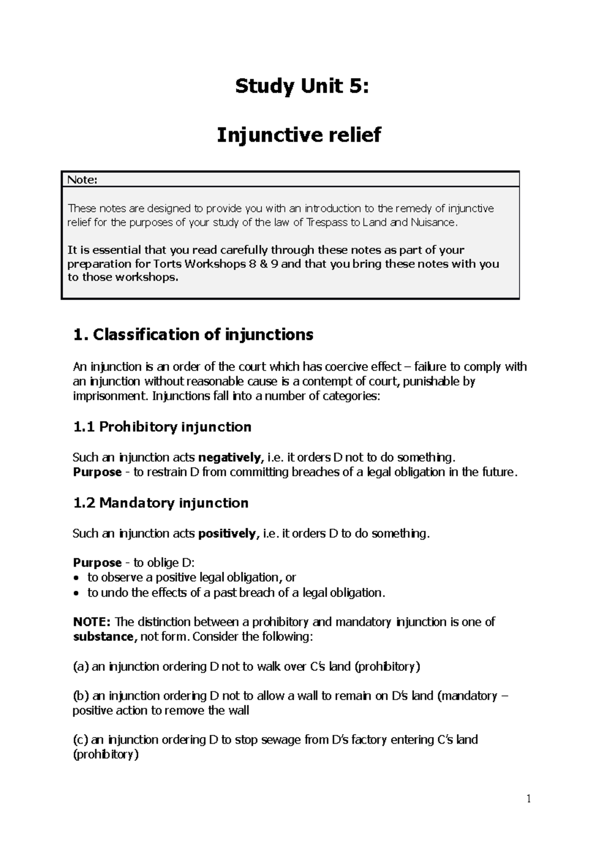 5. Injunctive Relief Study Notes for Torts Workshops 8 & 9 - Studocu
