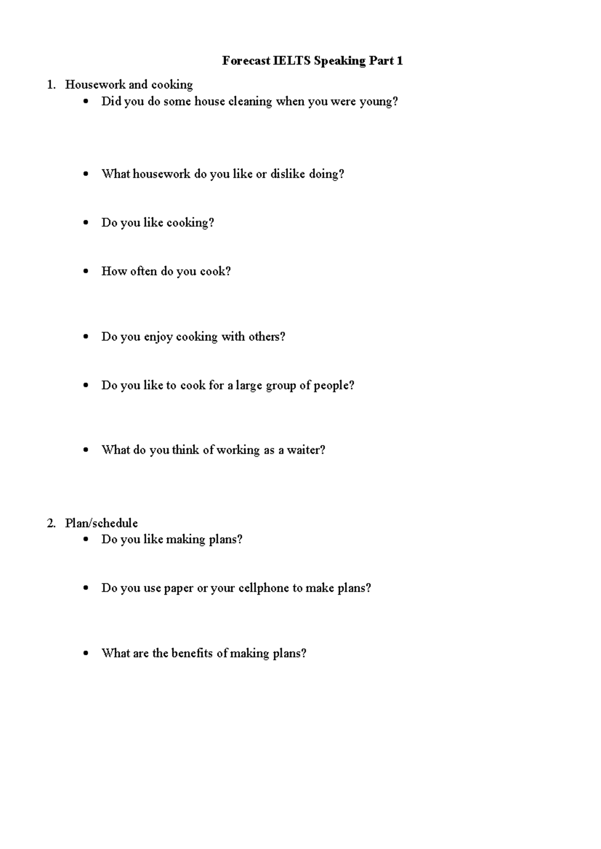 Forecast IELTS Speaking Part 1: Topics and Questions Guide - Studocu