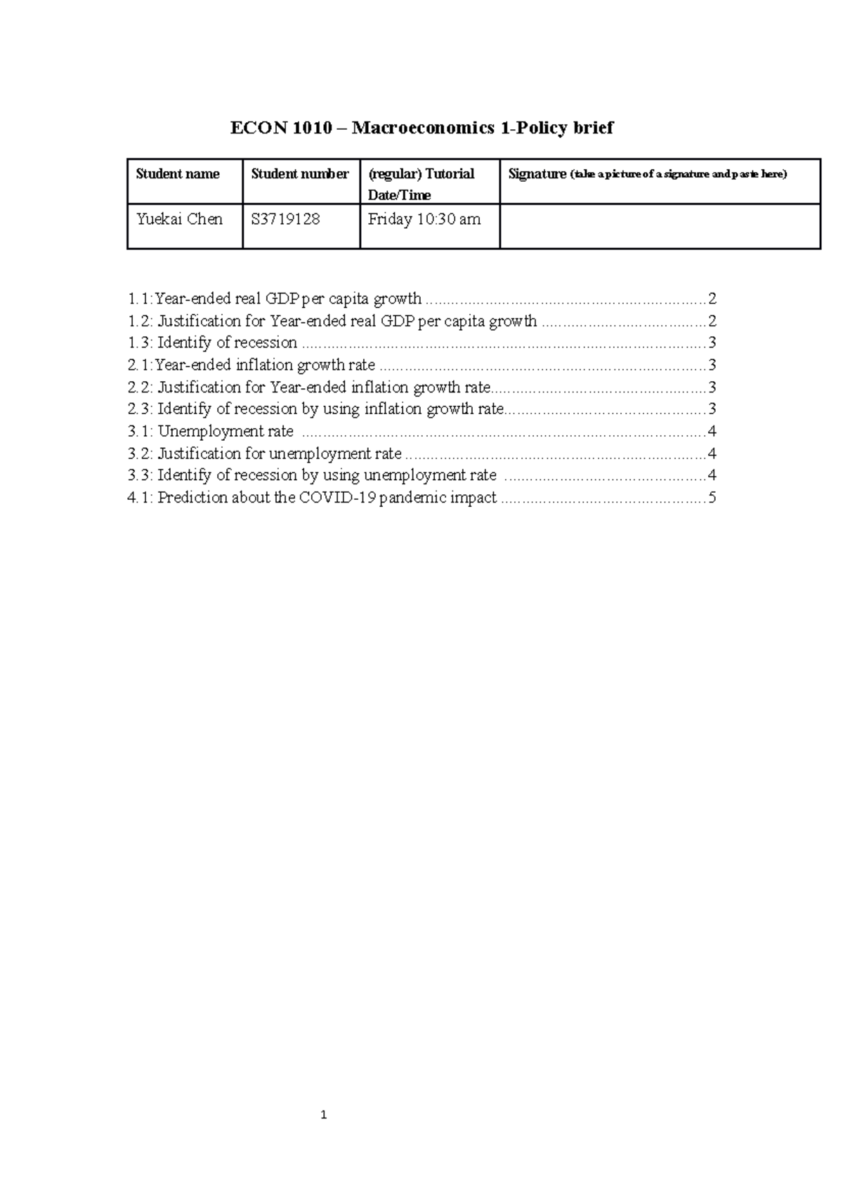 Policy brief report - ECON 1010 – Macroeconomics 1-Policy brief Student ...