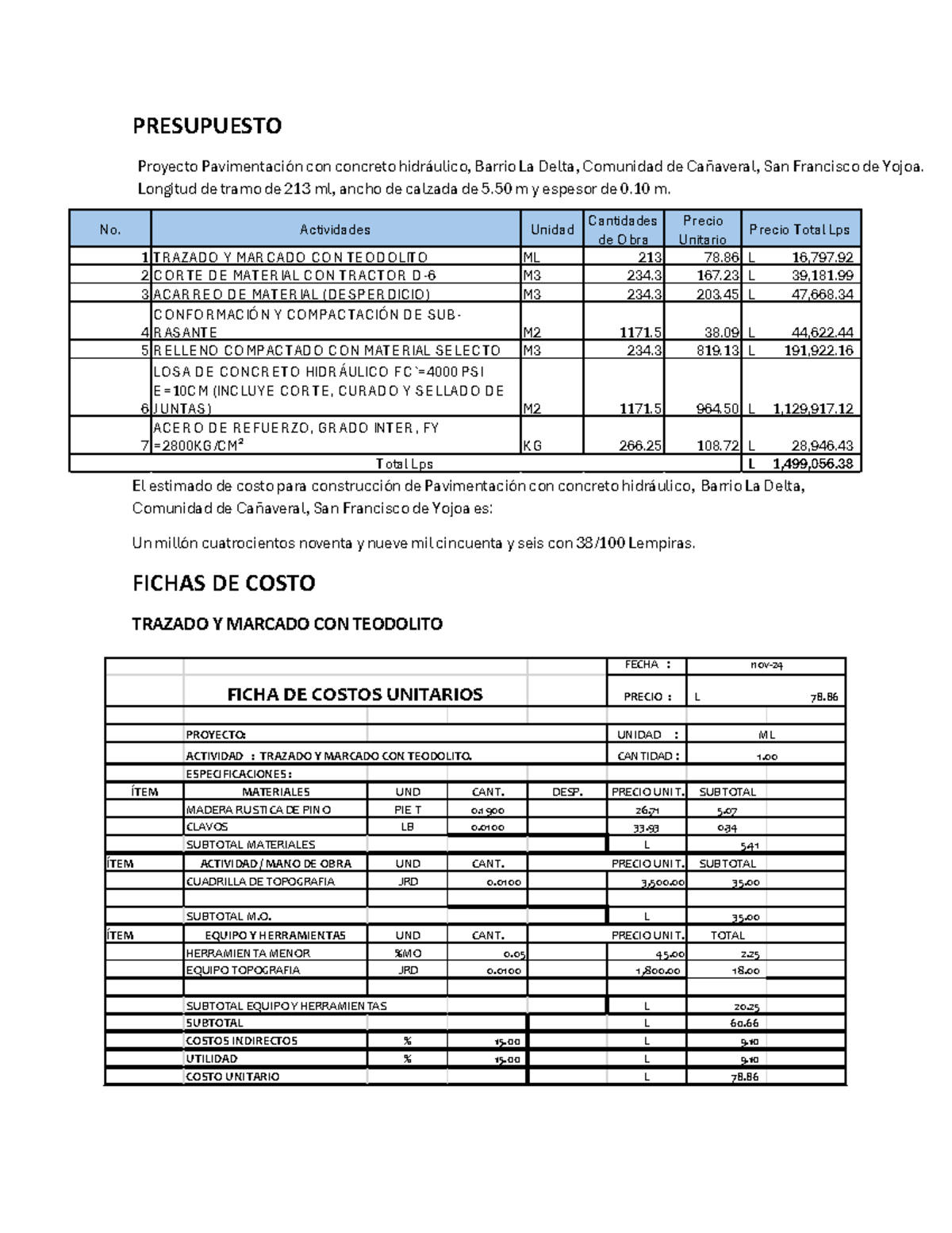 Presupuesto de Pavimentación y Costos en Barrio La Delta, Cañaveral - Document Preview