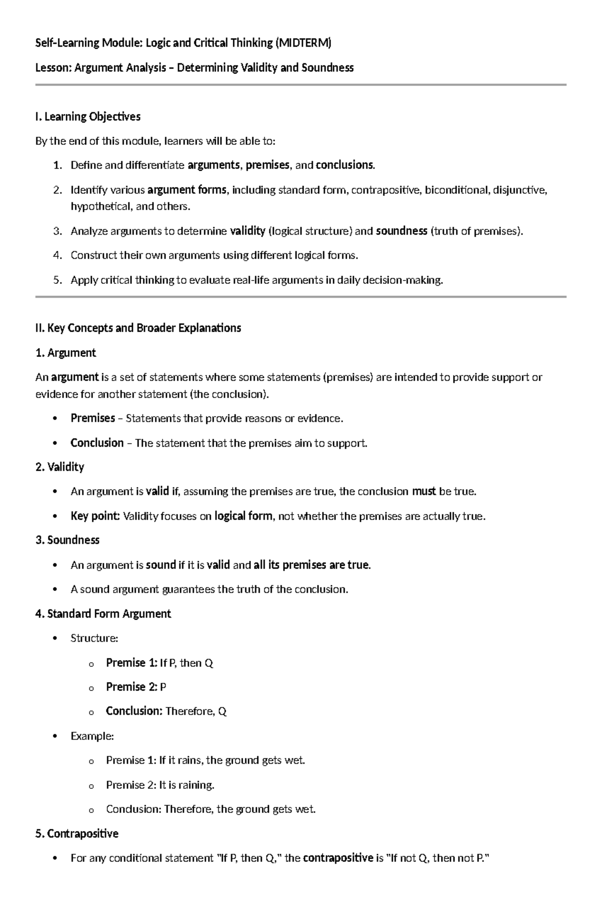 Logic and Critical Thinking (MIDTERM) - Argument Analysis Practice Test ...