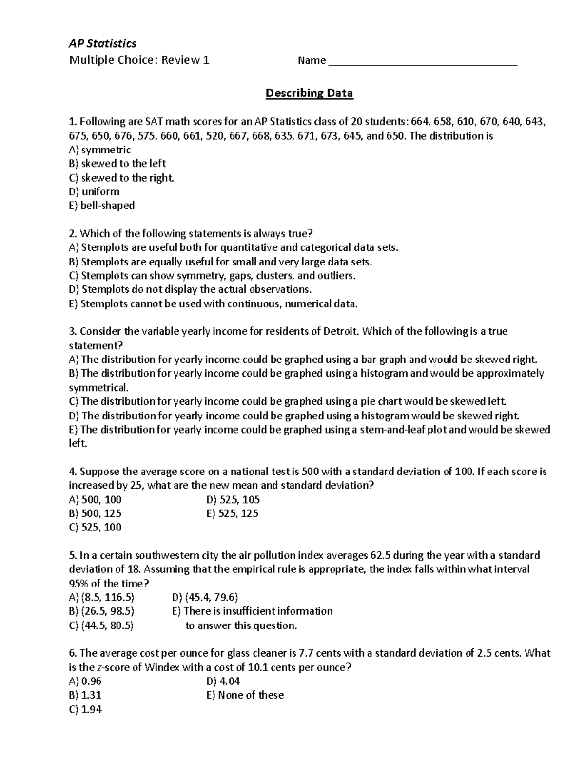 AP Statistics MC Review 1: Describing Data and SAT Scores - Studocu