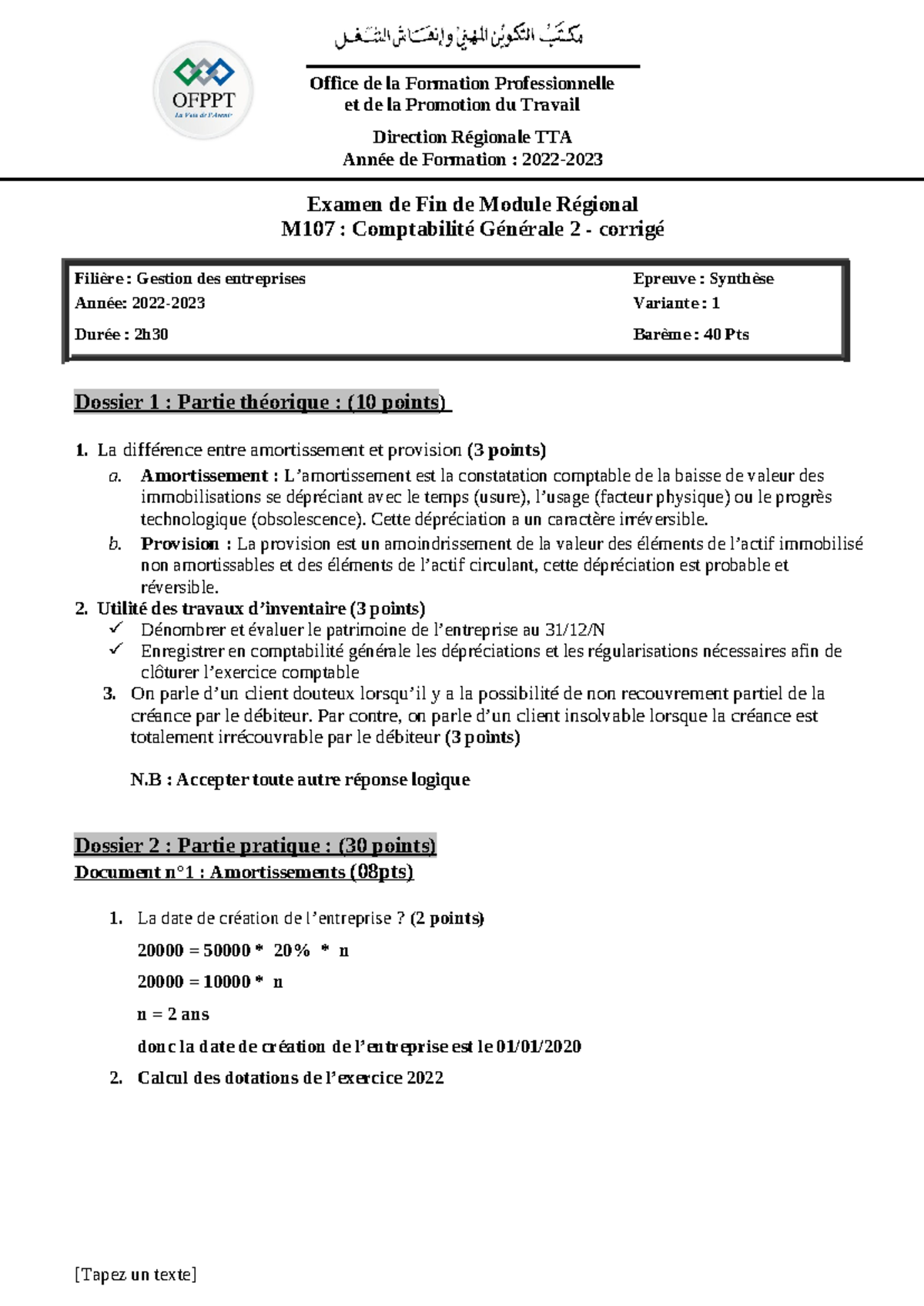 Examen de Fin de Module M107 : Synthèse Comptabilité Générale 2 - Studocu