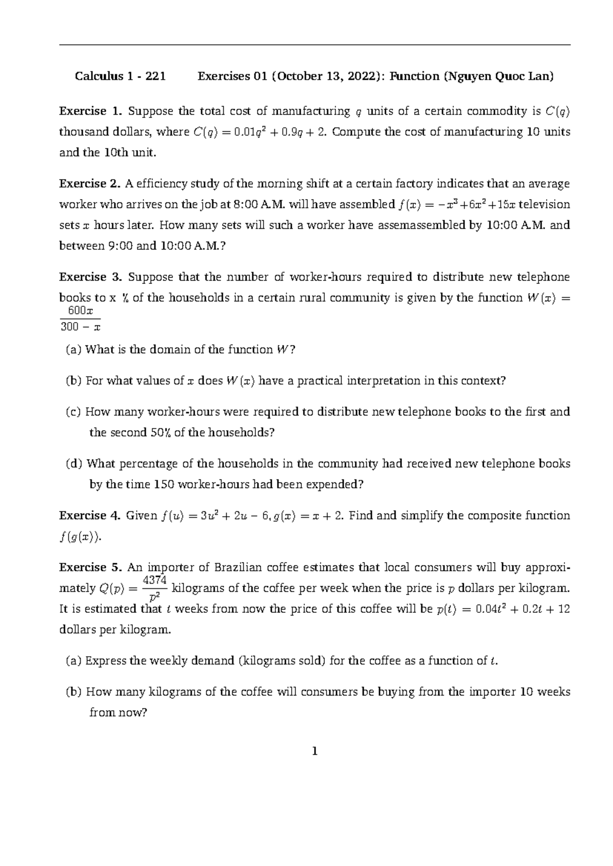 Cal1 221 Exercises 01: Function Analysis and Solutions - Studocu