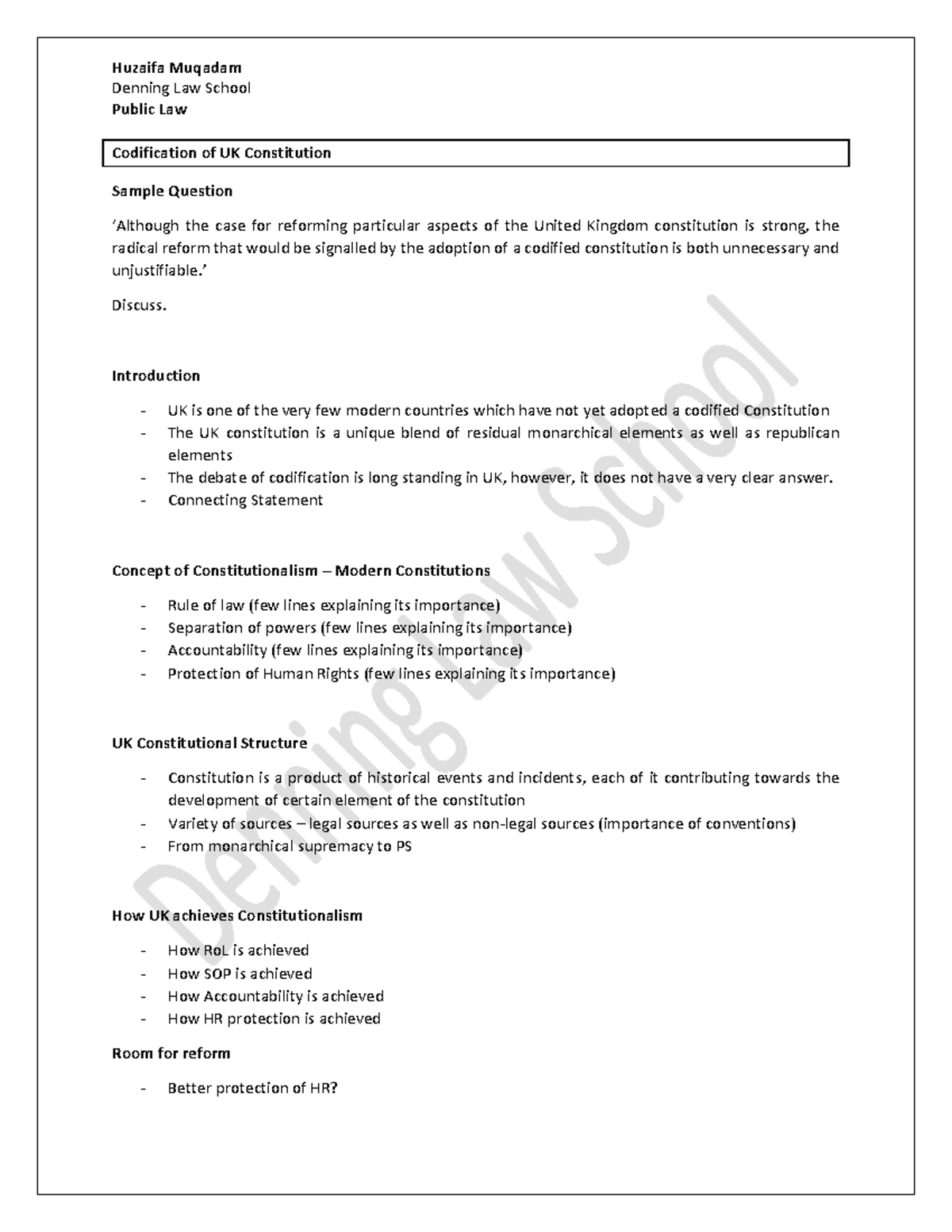 Codification of UK Constitution - Answer Structure - Huzaifa Muqadam ...