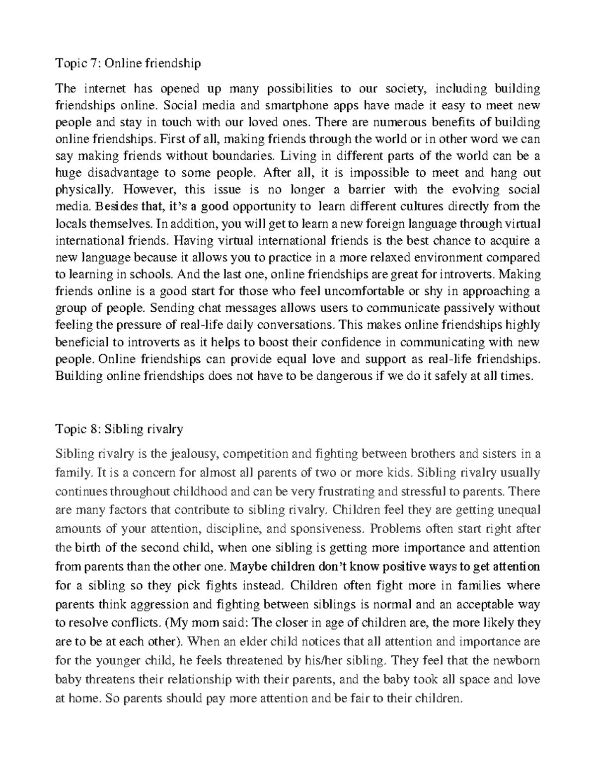 Exploring Online Friendships and Sibling Rivalry: Topics 7 & 8 - Studocu