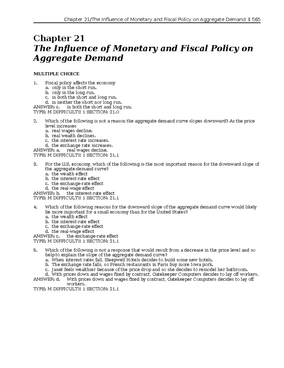 Chapter 21 - Multiple Choice Questions on Monetary and Fiscal Policy - Document Preview